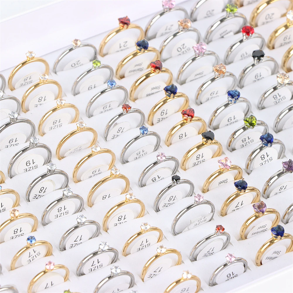 10/20/50Pcs/Lot New Fashion Colorful Heart Crystal Stainless Steel Rings Jewelry For Women Wedding Party Gift Wholesale