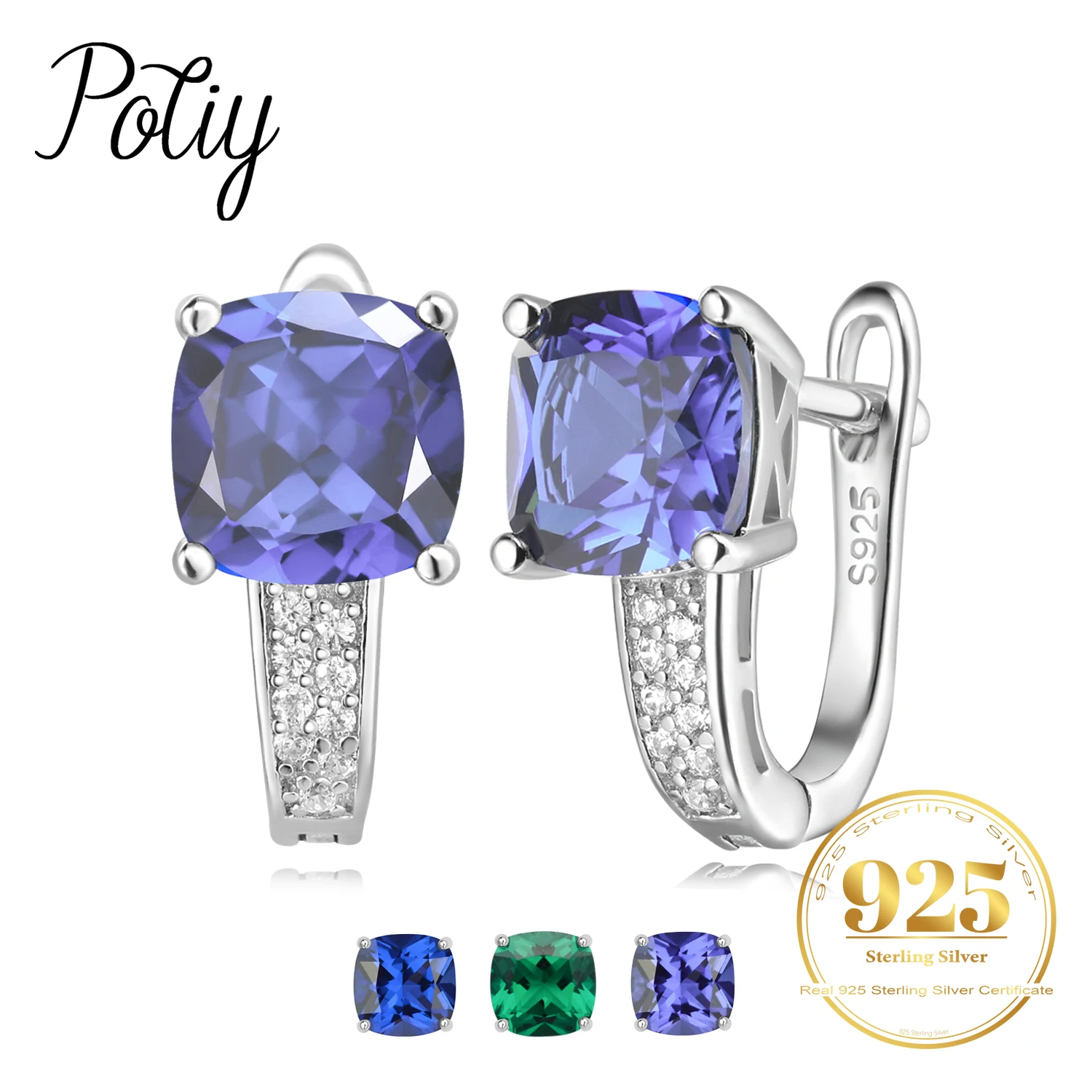 Potiy Cushion Created Sapphire Nano Emerald Tanzanite  Hoop Earrings 925 Sterling Silver for Women Daily Party Jewelry sets gift