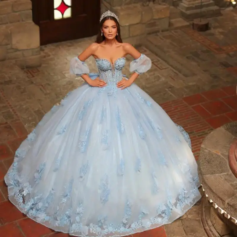 

Sky Blue Strapless Quinceanera Dress 2025 Classic Sleeveless Party Dress Elegant Applique Lace Party Prom Dress 16 Customized