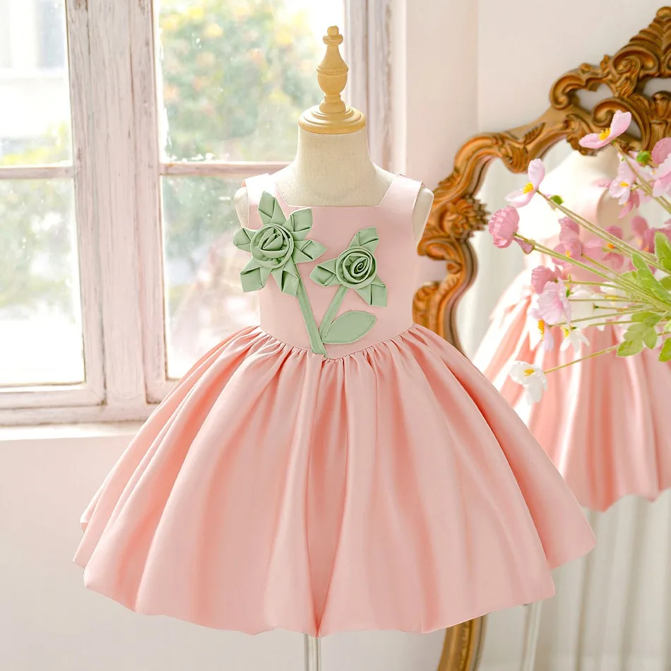 Flower Bridesmaids Party Girls Dress Elegant Wedding Birthday Princess Prom Tutu Dresses Girl Gala Baptism Evening Gown ASQ03
