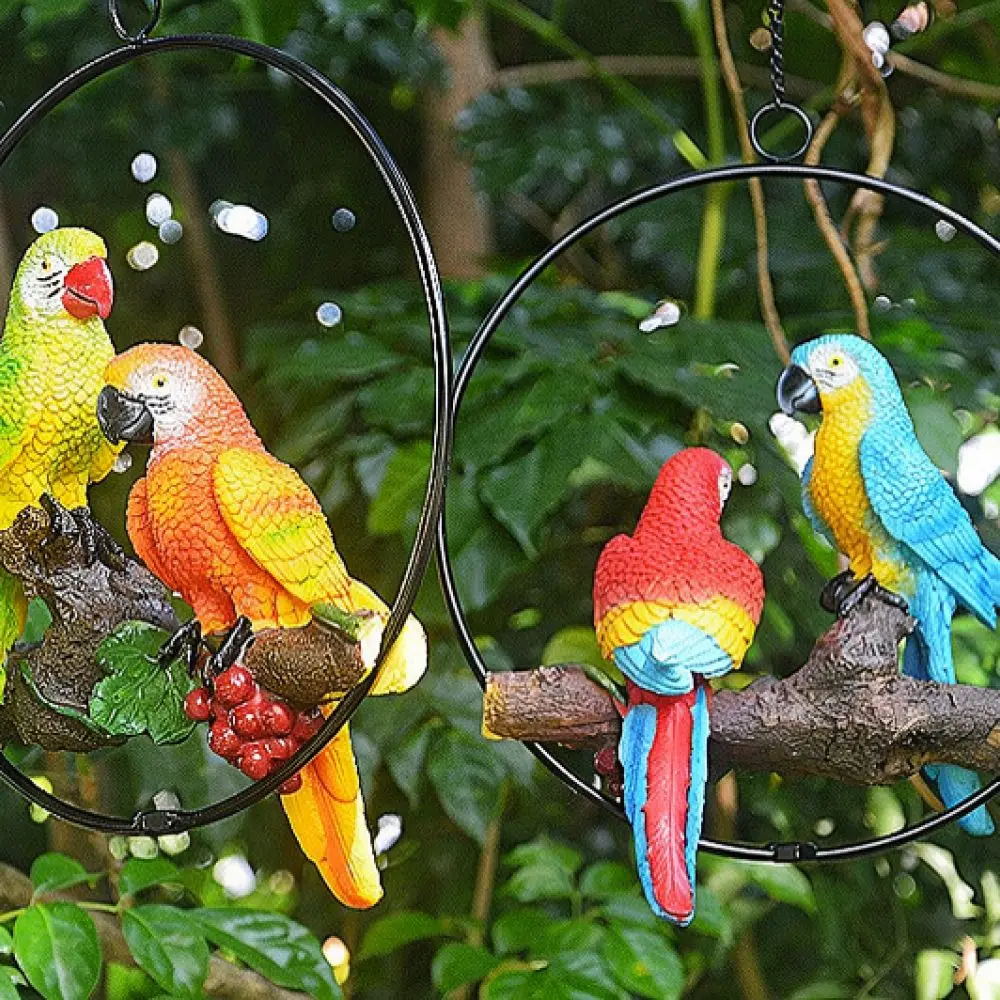 Creative Iron Hoop Macaw Parrot Hanging Decor Resin Animal Sculpture Tropical Bird Statue For Patio Garden Wall Ornament