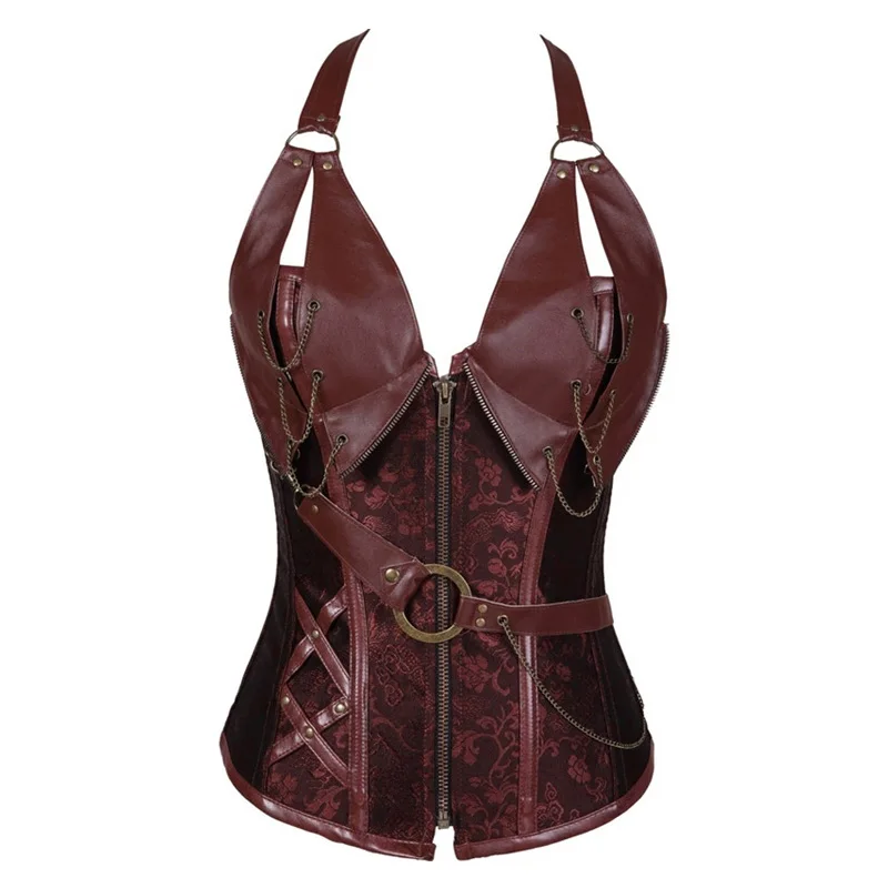 

Plus Size Zip Up Sexy Shaper Spiral Steel Boned Steampunk Goth Halter Leather Bustier Corset S-6XL