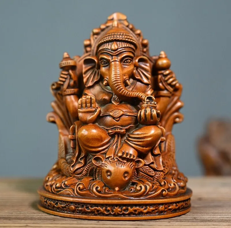 

4,5-дюймовая резная статуя бога индуистского слона из самшита, фигурка Ганеша Ганеша, декор для храм