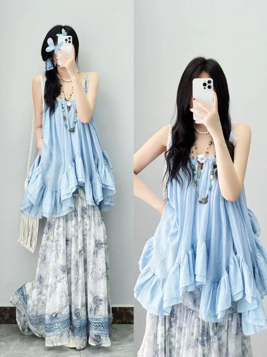 

Beach Vacation Blue Sweet Miniature Women's Clothing Set High Waist Dyed Skirt And Strapless Top Two-Piece Summer Outfit