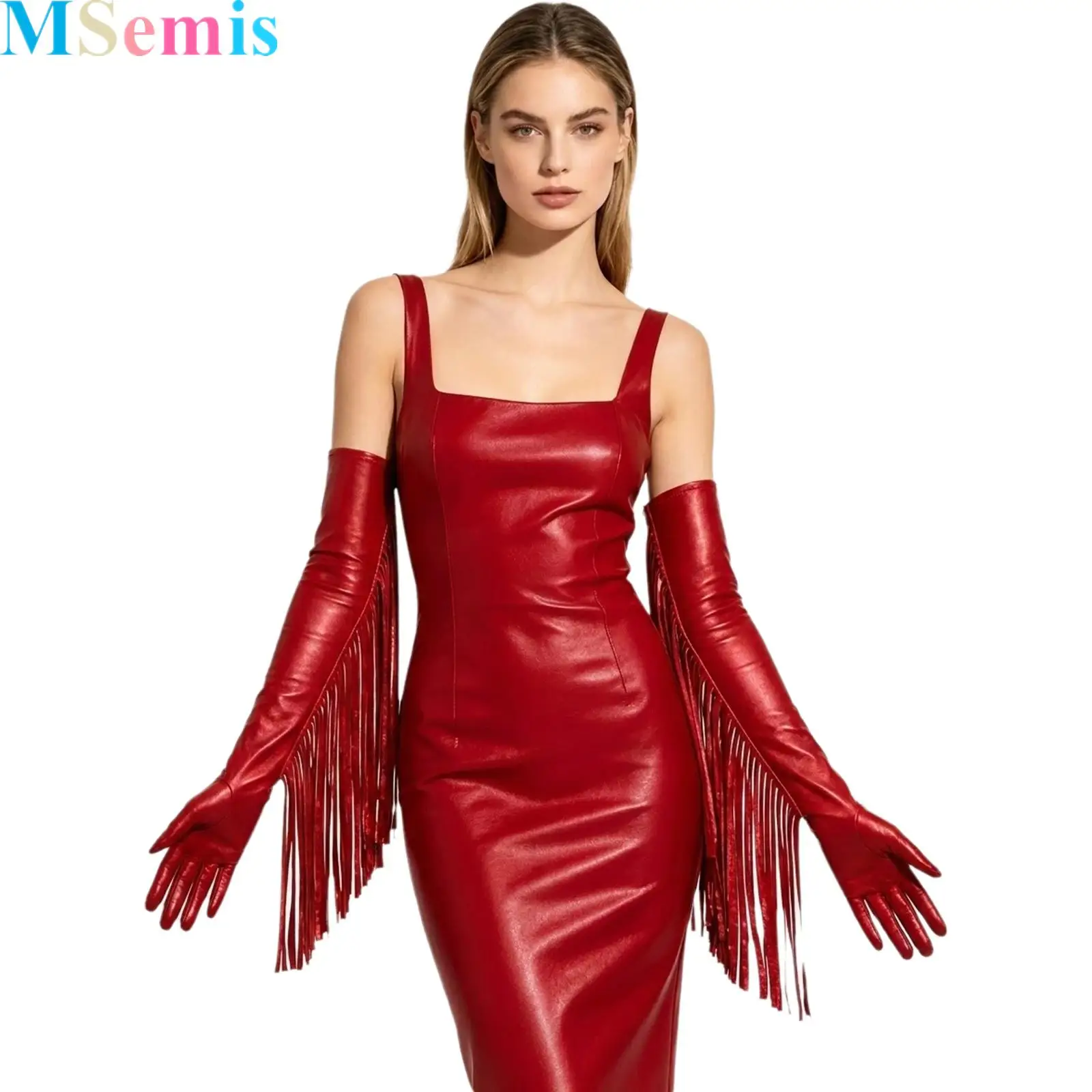 

1 Pair Metallic Shiny Over Elbow Gloves with Tassel Accent Length Full-finger Mittens Opera Halloween Party Clothing