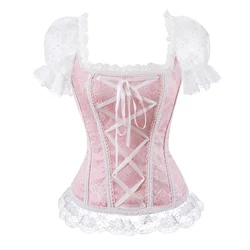 Pink Bustier Lace Short Sleeve Overbust Corset Shoulder Straps Vintage Jacquard Lace-up Bustier Top Body Shapewear