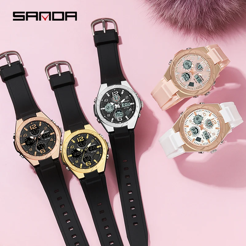 Sanda Luxe Ms Led Digitaal Sporthorloge Mode Casual Gouden Polshorloge Vrouwen Meisje Militair Waterdicht Quartz Horloges 6062