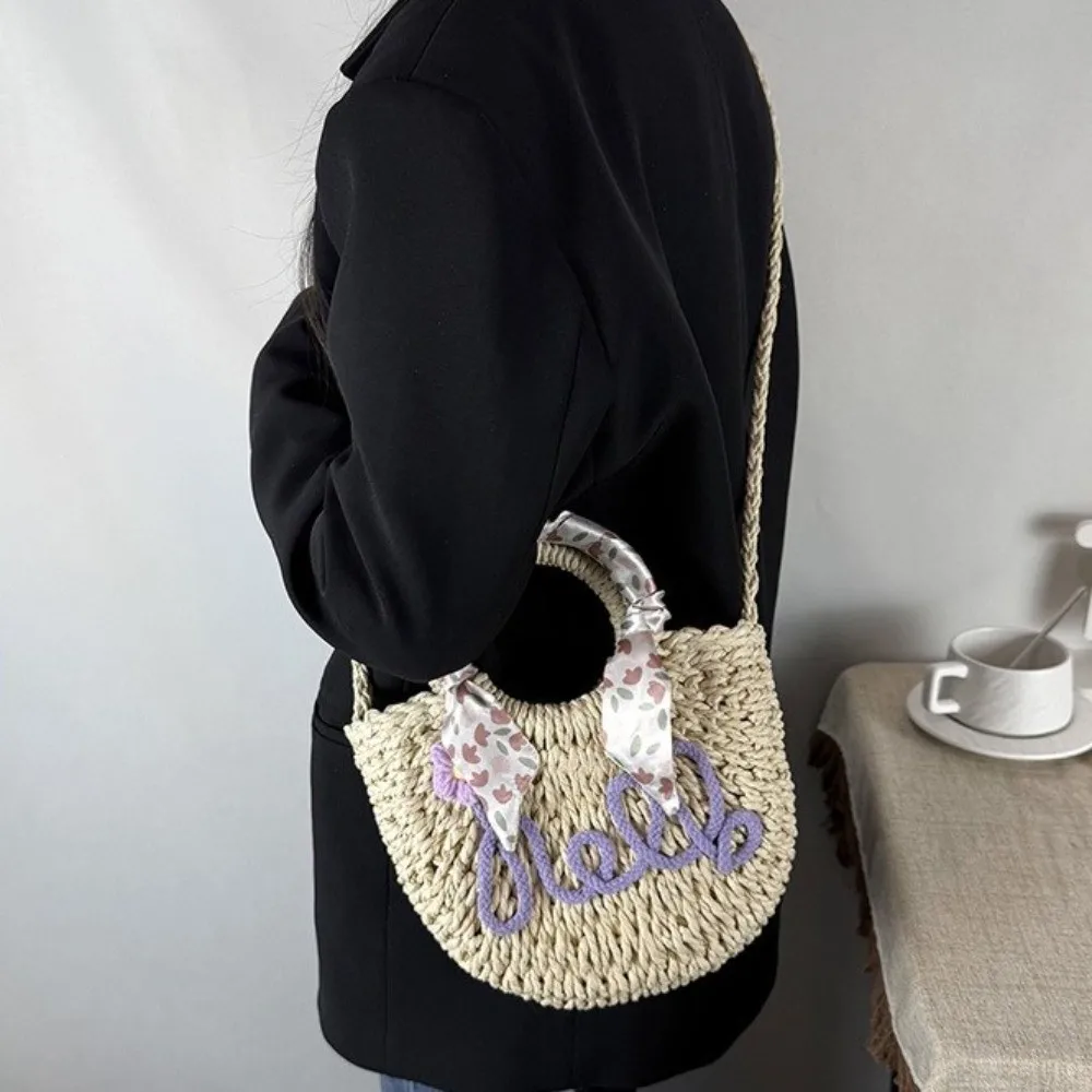 Fashion Moon Shaped Beach Straw Bag Flower Hollow Woven Underarm Bag Large Capacity Tote Bag Handbag Holiday