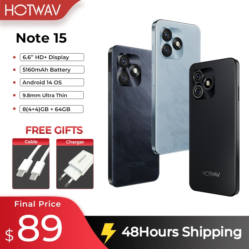 HOTWAV Note 15 Smartphone 6.6'' HD+ Display Android 14 5160mAh Mobile Phone 8(4+4)GB+64GB Octa-Core 13MP Ultra-Thin Cellphone