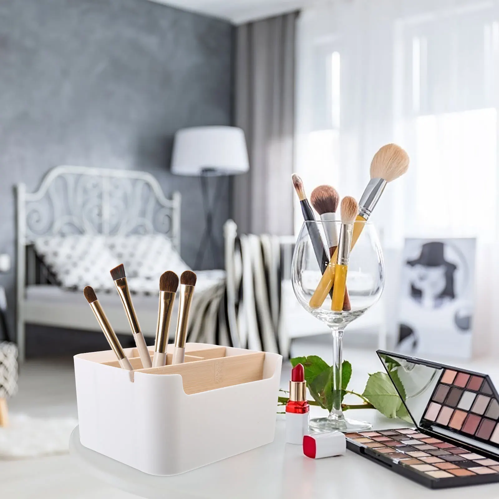 

Creative Detachable Storage Box Multi-Grid Desktop Organizer Pp Bamboo Material Space-Saving Home Supplies Light Small Makeup