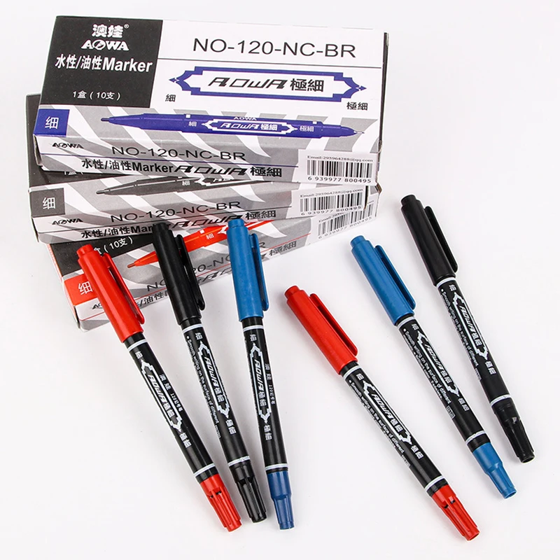 10 Stück Twin-Tip-Ölmarker in Schwarz/Blau/Rot, 0,5/1 mm, doppelköpfiger Permanent-Kunstmarker, Schreibwaren, Schul- und Bürobedarf – Detail 9