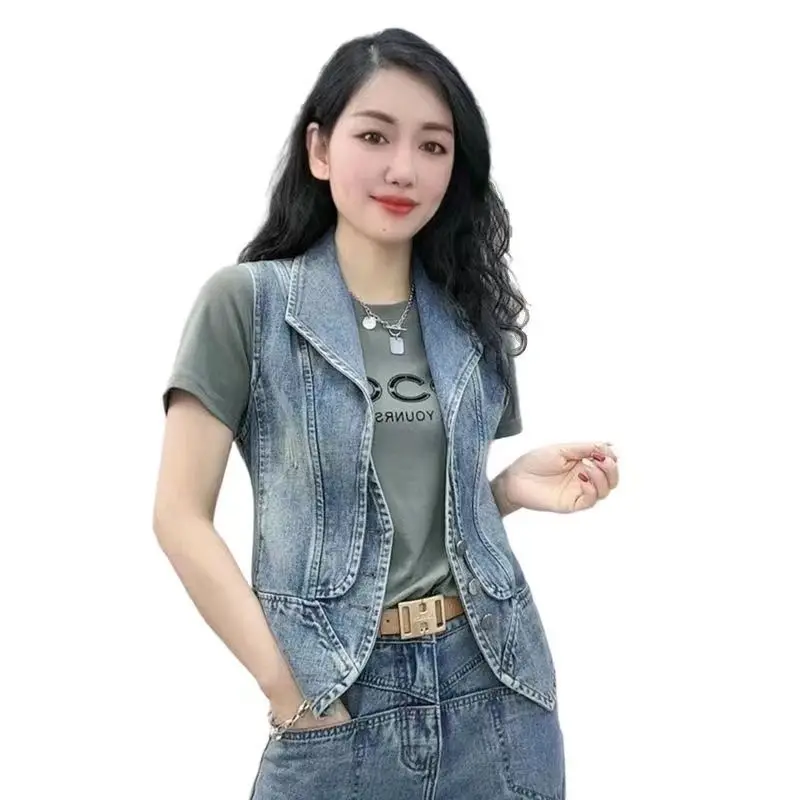 

2024 New Spring Autumn Vintage Denim Vest Women Fashion Slim sleeveless Jacket female joint Waistcoat Outwear Ladies tops T096