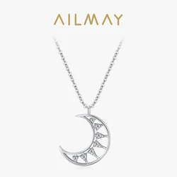 Ailmay Real 925 Sterling Silver Exquisite Moon Pendant Necklace For Women Dazzling Clear CZ Lovely Fine Girl Jewelry Gift