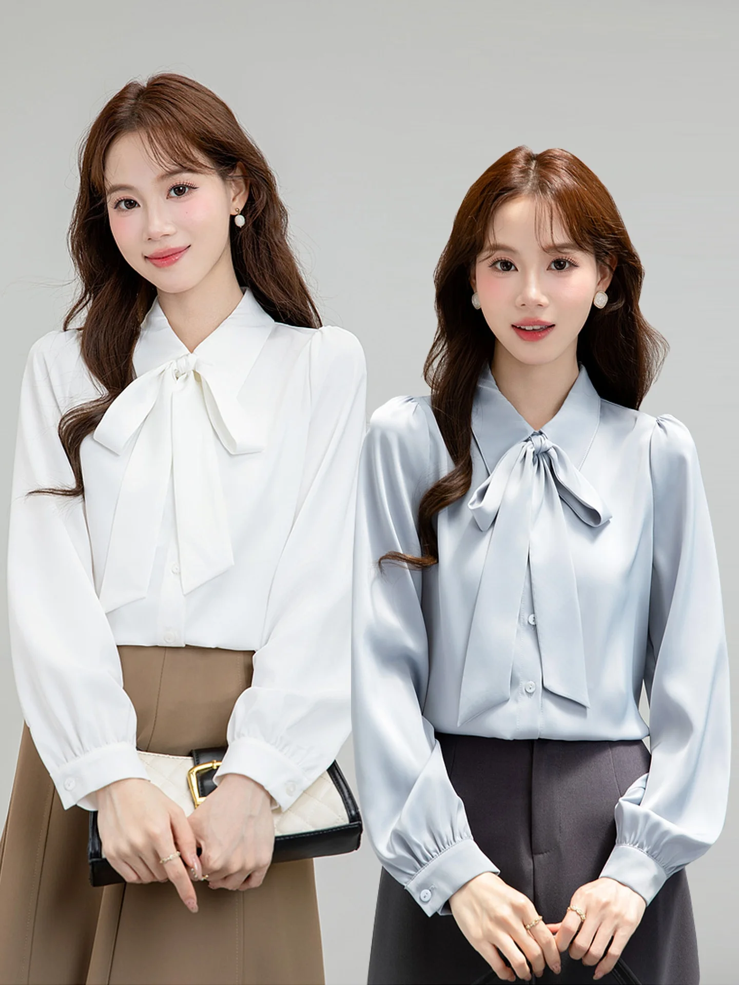 Elegant Lady Style Loose Fit Long Sleeve Blue Shirt with Bow Tie Resistant to Wrinkles Comfortable Breathable for Women