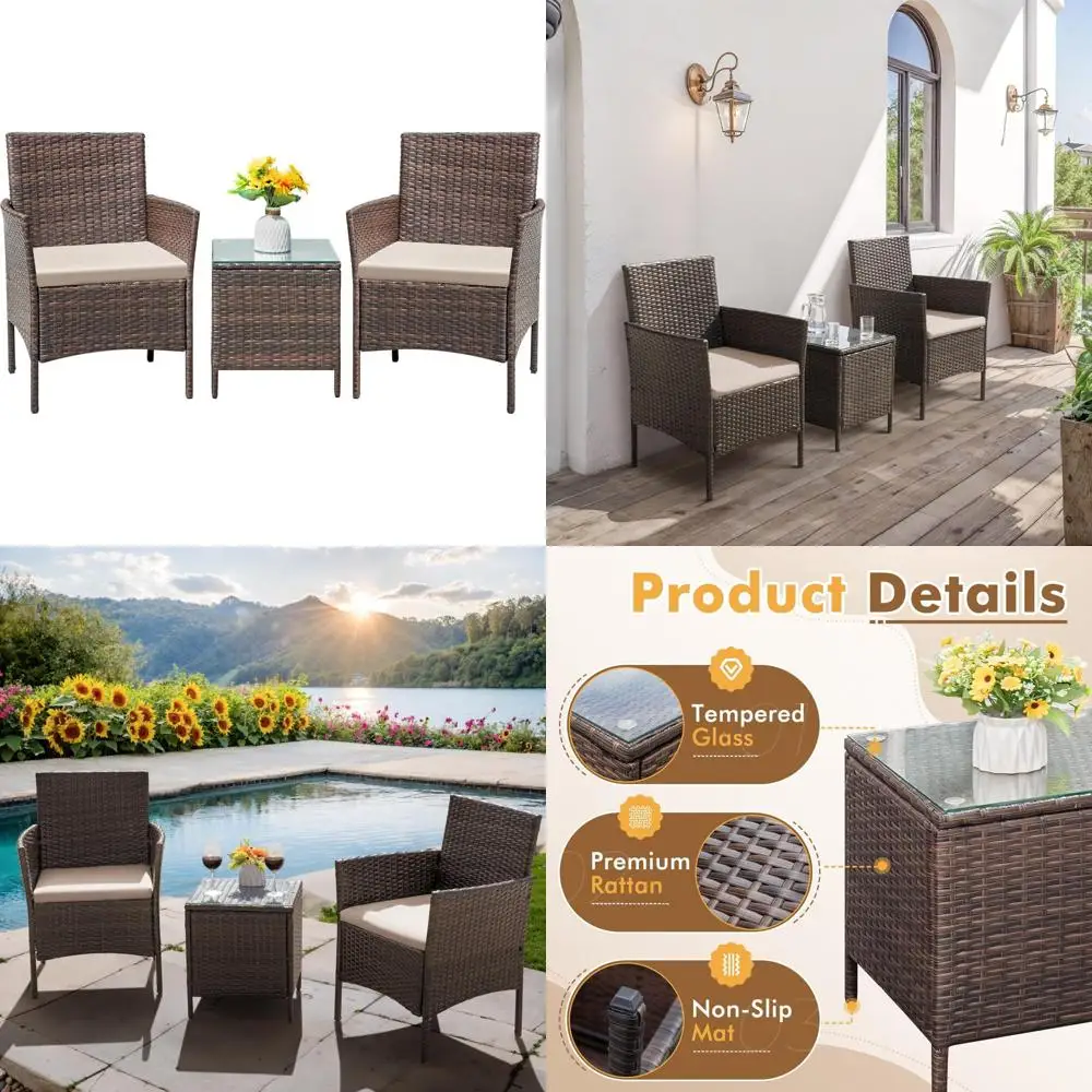 3-Piece All-Weather Rattan Outdoor Furniture Set with Tempered Glass Table for Patio and Bistro