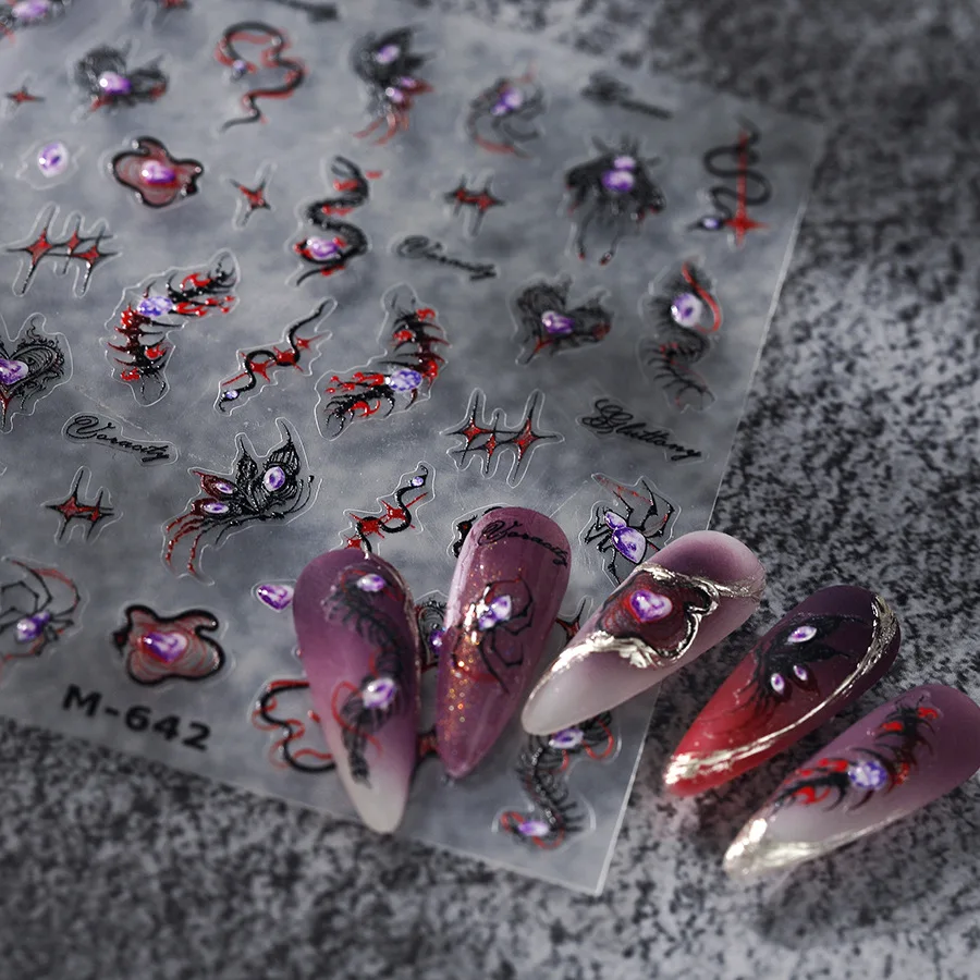 Adesivo per unghie inciso in acrilico nuovo olografi Halloween Black Spider cursori per il trasferimento delle unghie autoadesivi avvolge la pellicola per manicure
