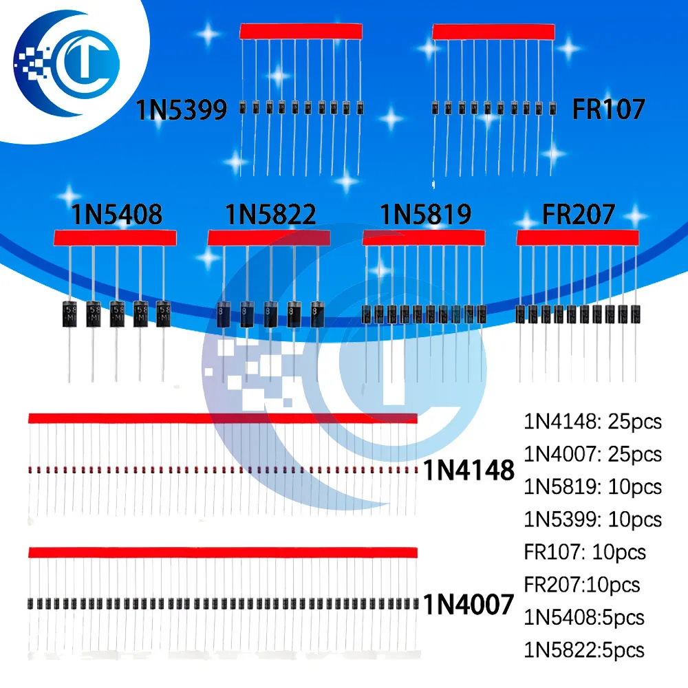 Fast Switching Schottky Diode kit set 1N4148 1N4007 1N5819 1N5399 1N5408 1N5822 FR107 FR207,8values=100pcs,Electronic Components