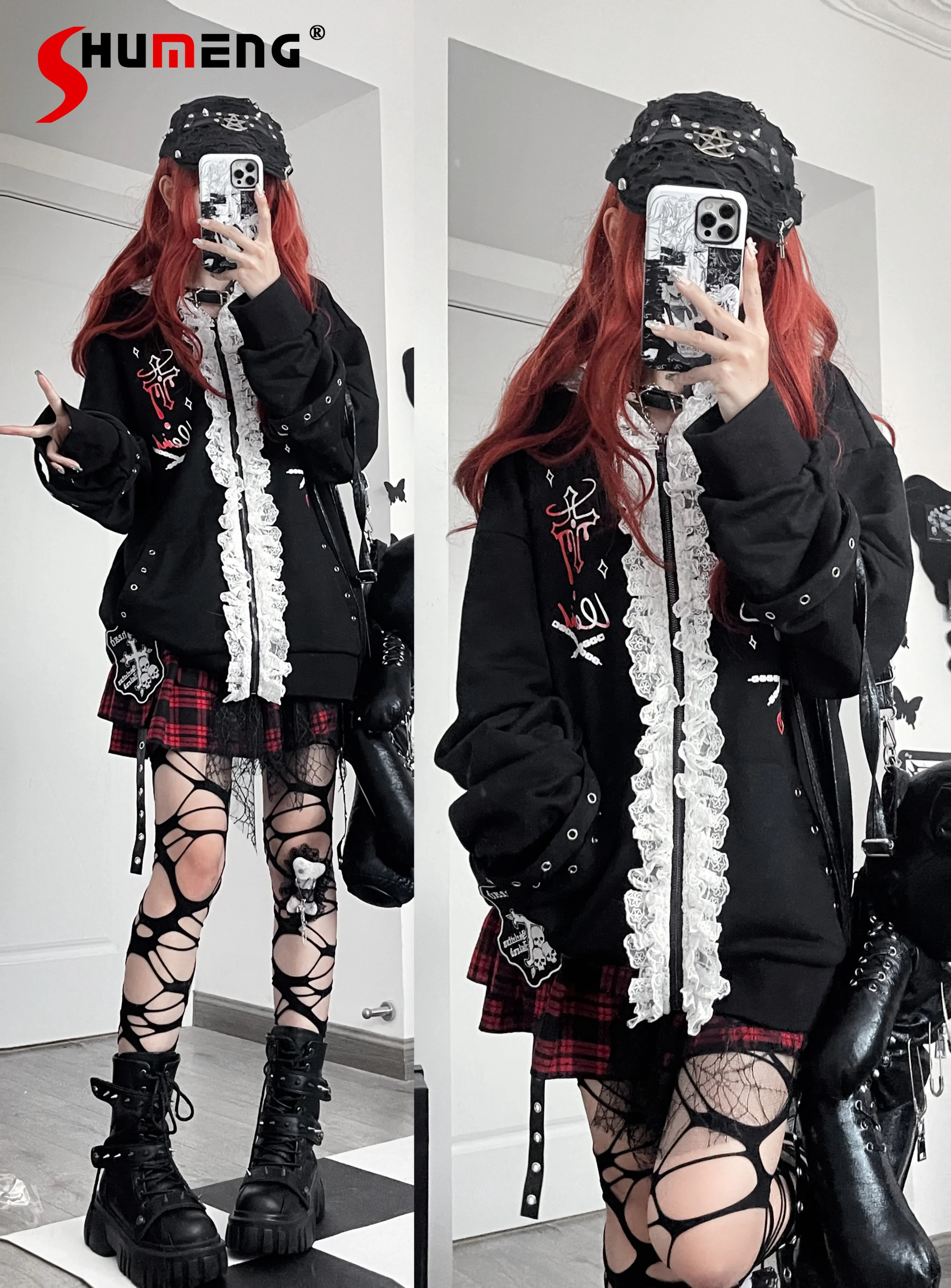 

Original Design Japanese Subculture Harajuku Dark Loose Hooded Jacket Women's Spring and Autumn Embroidered Punk Cardigan Coats