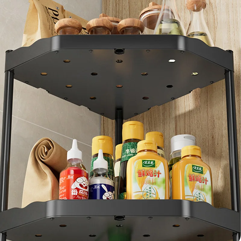 Kitchen Corner Shelf Multi Layers Seasoning Tripod Rack Multifunctional Storage Rack With Hook metal plastic Kitchen Organizer