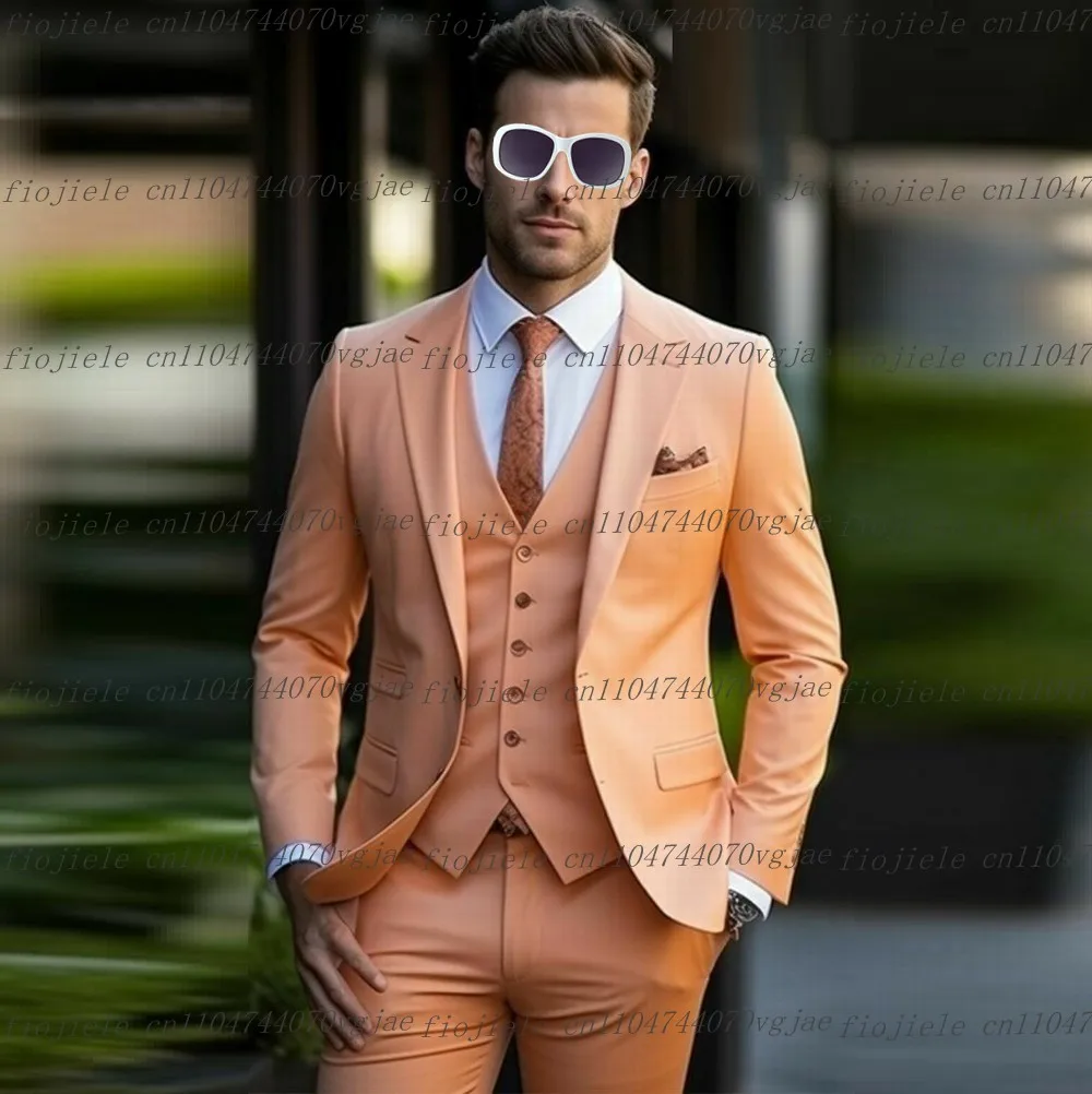 Traje naranja claro para hombre, fiesta Formal de boda, novio, padrino de boda, esmoquin de negocios para hombre, conjunto personalizado de 3 piezas, chaqueta, chaleco, pantalones