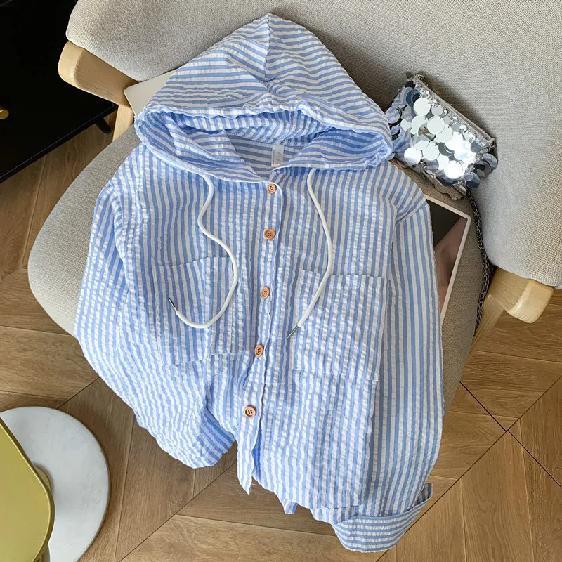 

Fashion Blue Stripe Shirt Summer Women's Thin Hooded Sunscreen Coat UV Resistant Lightweight Sunscreen Clothes Casual Loose Top