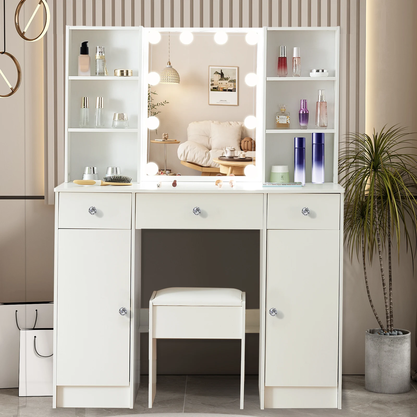 【صفقات 11.11، عروض الجمعة السوداء 2025】مجموعة مقاعد كبيرة لطاولة الزينة مع مرآة وأضواء LED الذكية ومكتب زينة للمكياج