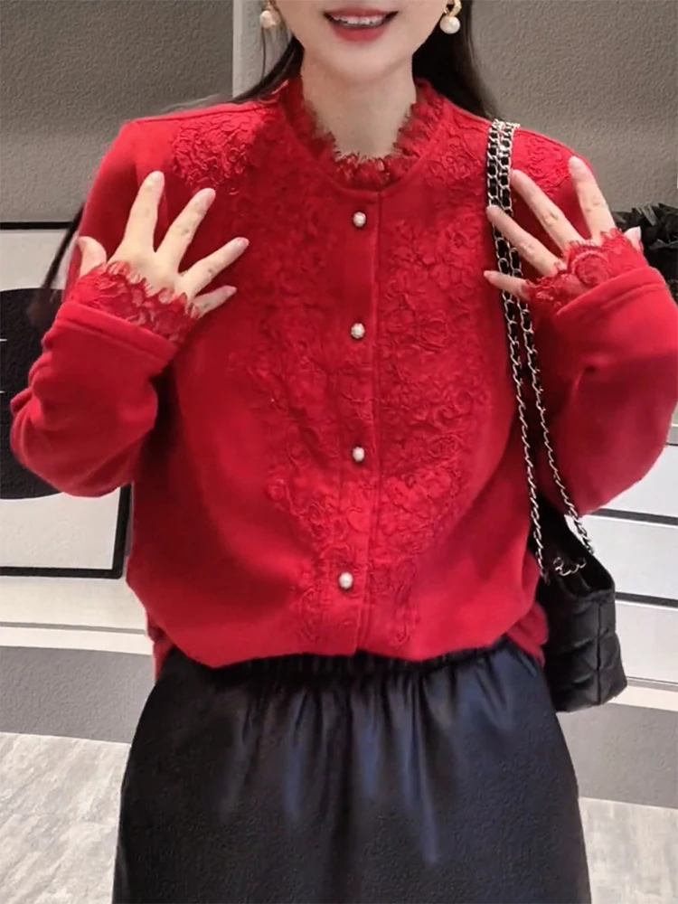 

Новый женский вязаный кардиган с круглым вырезом и кружевом в стиле ретро, больших размеров, универсальный, стройнящий, осенне-зимний, комфортный, шерстяной.