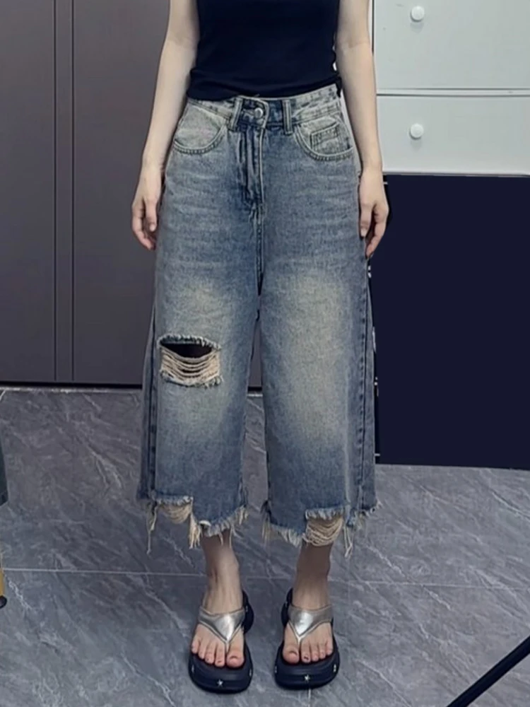 

Retro American Design Faded Denim Jeans Women's Summer Loose Lazy Feeling Seven-Foot Pants High Waist Zipper Closure Casual S...