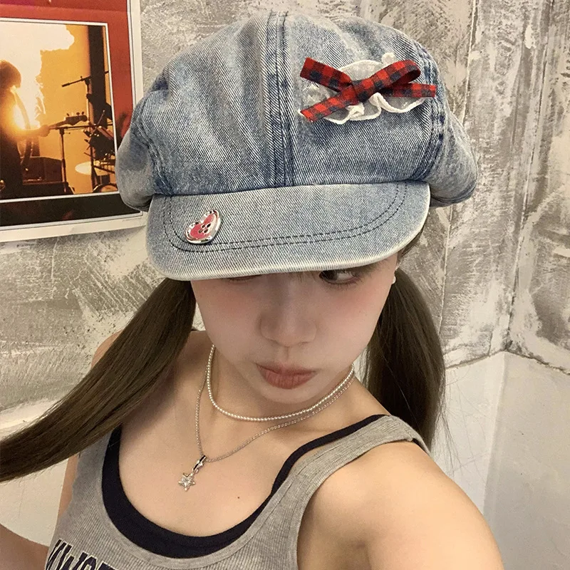 

Korean Spring and Autumn Retro Sweet Bow Decoration Denim Beret Women's Big Head Shows Face Small Octagonal Newsboy Caps