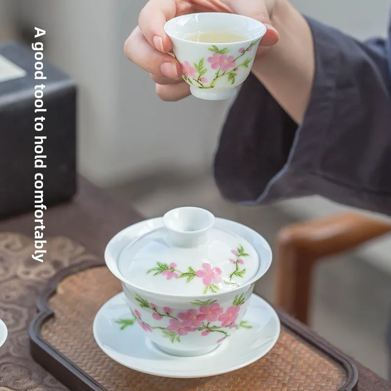 جينغدتشن الراقية السيراميك اليدوية الجديدة الصينية رسمت باليد نقطة المياه الباستيل زهر الخوخ فنجان الشاي مجموعة #4