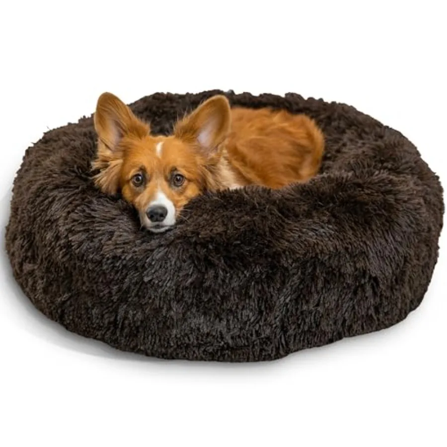 

Calming Donut Dog Bed for Dogs up to 45 lbs Shag Faux Fur Dark Brown 30 x 30 Orthopedic Support Cozy Nesting