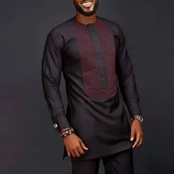 Men Shirts Simple Casual Shirt Ethnic Printing African Long Sleeve Top Round Collar Blouse Pants Two Piece Suit Africa Outfits