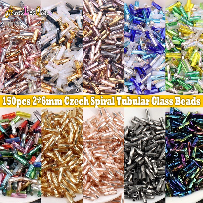 150pcs 2*6mm Czech Tubular Spiral Glass Beads Loose Spaced Seed Beads for Needlework Jewelry Making DIY Charms Handmade Bracelet