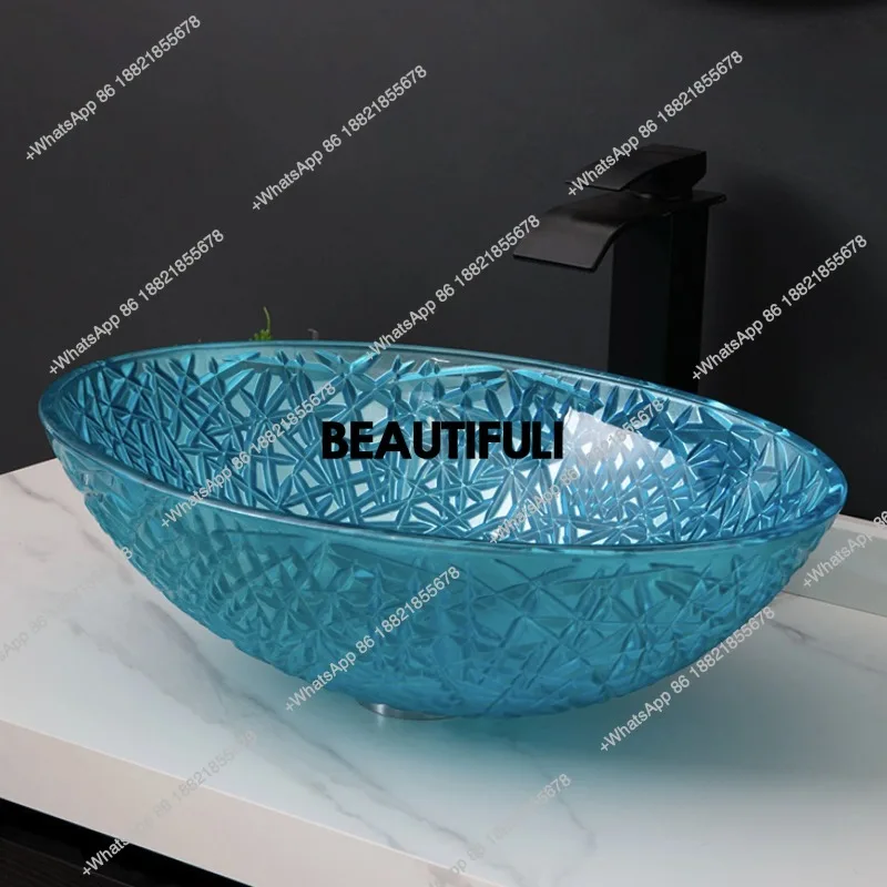 

R Crystal glass basin bathroom art light luxury washbasin home washbasin bathroom oval countertop basin