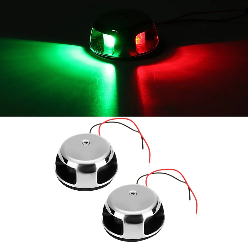 2Pcs 12V 2W Universal Boat LED Navigation Light Lamps for Marine Boat Yacht Red + Green Sailing Signal Light Stainless Steel