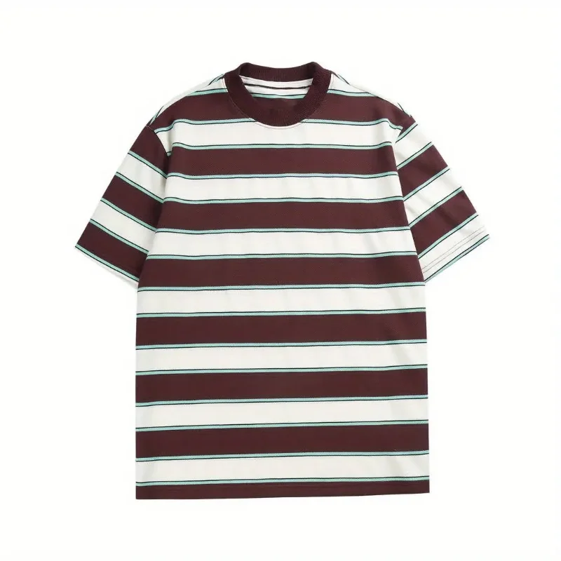 Oversized Striped Short-Sleeve T-Shirt Burgundy White Turquoise Crew Neck Casual Unisex Loose Fit Soft Cotton Top
