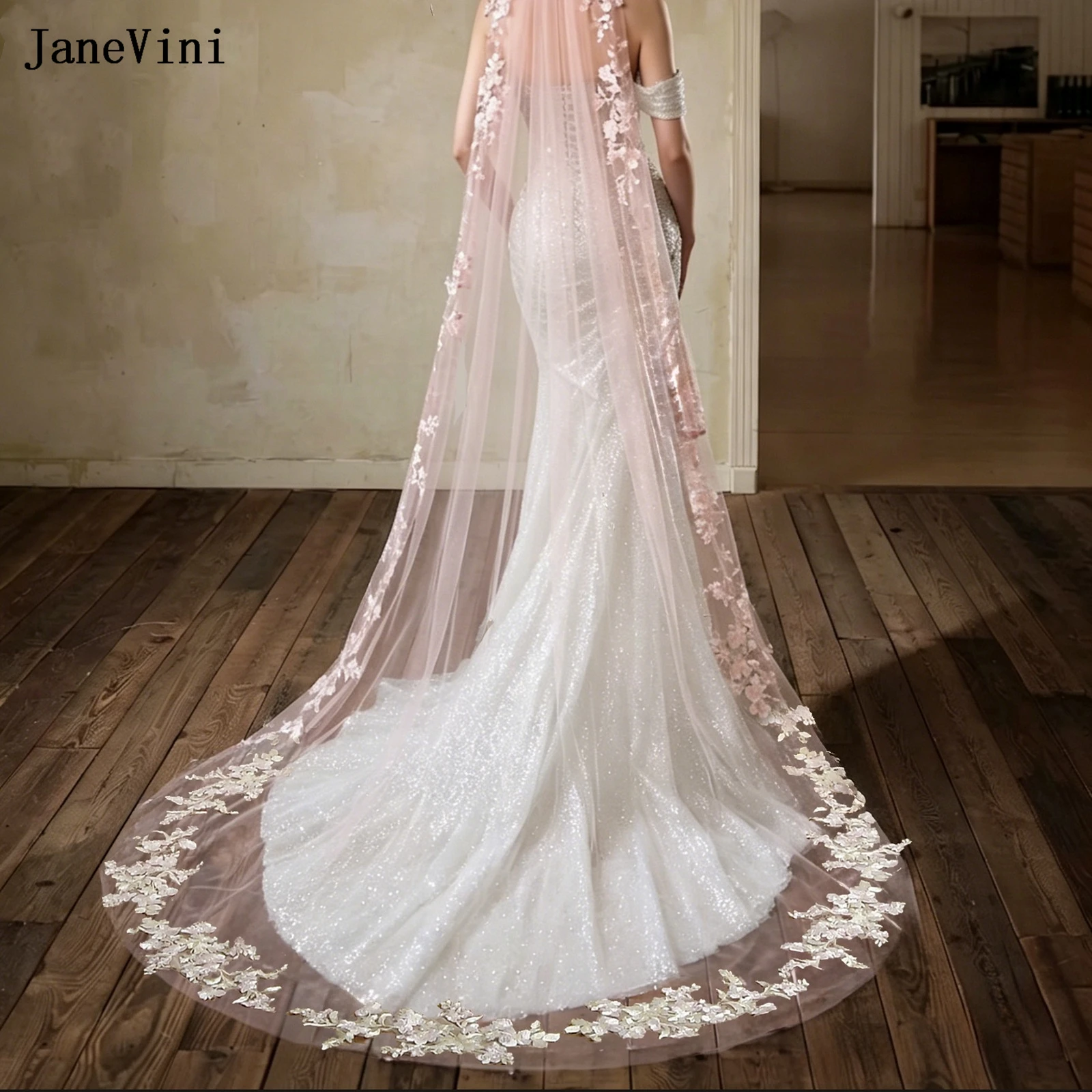 

JaneVini New Blush Pink Cathedral Lace Long Bridal Veils with Comb Embroidery Appliques Edge 1 Tier Tulle Bride Veil for Wedding