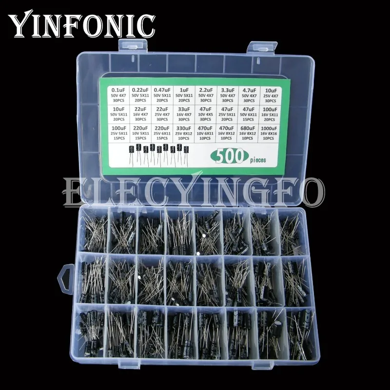

24Value Total=500pcs Commonly Used 10V-50V (0.1uF-1000uF) DIP Aluminum Electrolytic Capacitors Kit Box