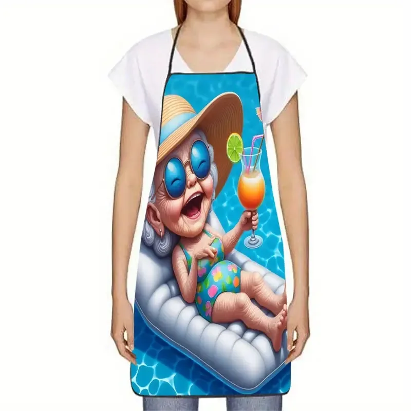 Funny Grandma Pool Party Apron, Cool Old Lady Swimming Graphic Cooking Bib, Summer Kitchen Decor, Novelty Gift for Her