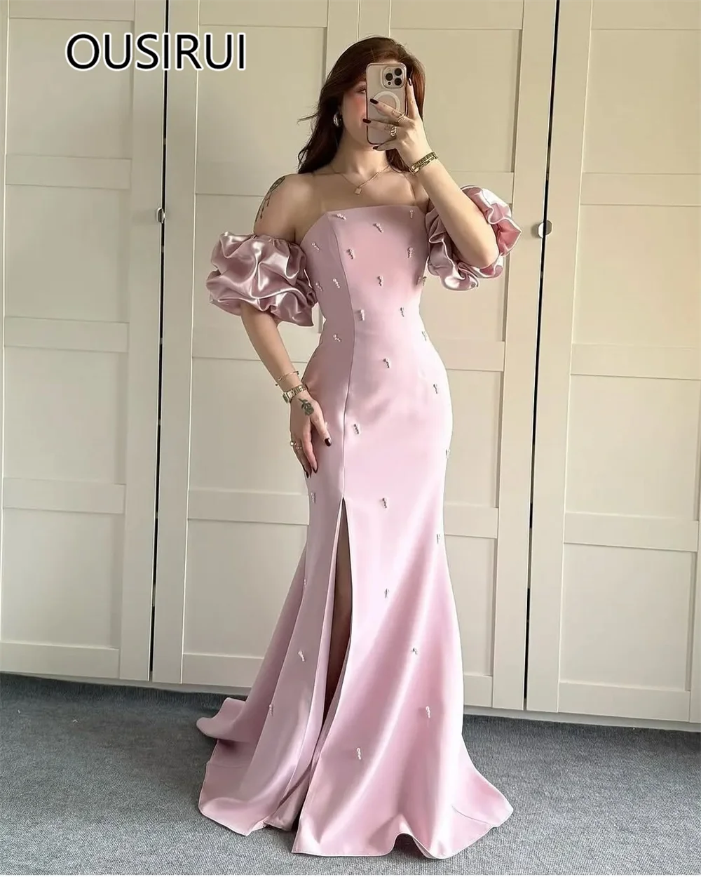 Women's Evening Gown Boat Collar Detachable Sleeve Satin Side Slit Court Sexy Mermaid Prom Party Dress with Pearls Customizd