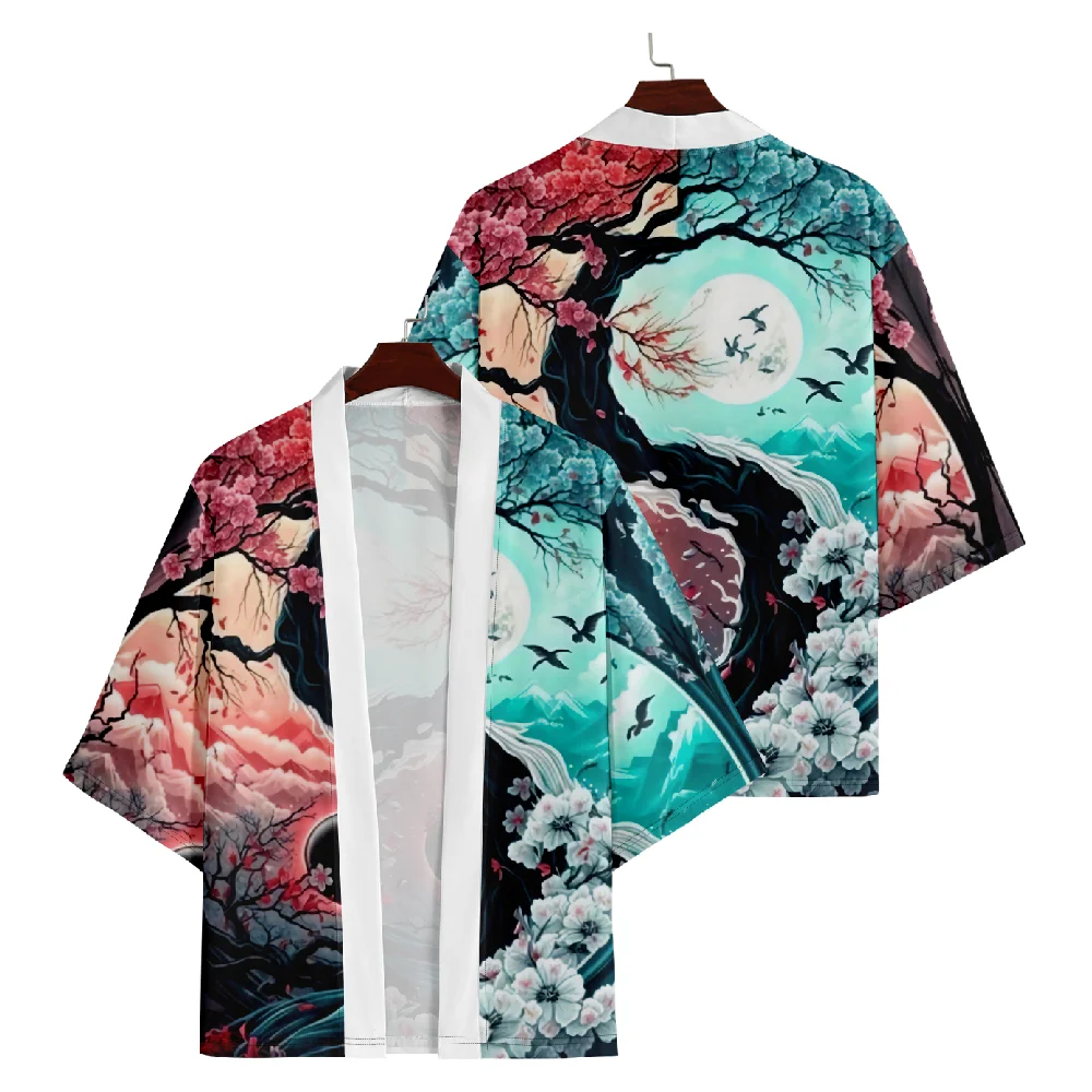 ดอกไม้จีนกิโมโนเสื้อสเวตเตอร์ถักผู้หญิงผู้ชายญี่ปุ่น Obi ชาย Yukata Haori พิมพ์เสื้อแบบดั้งเดิมญี่ปุ่นเสื้อผ้า