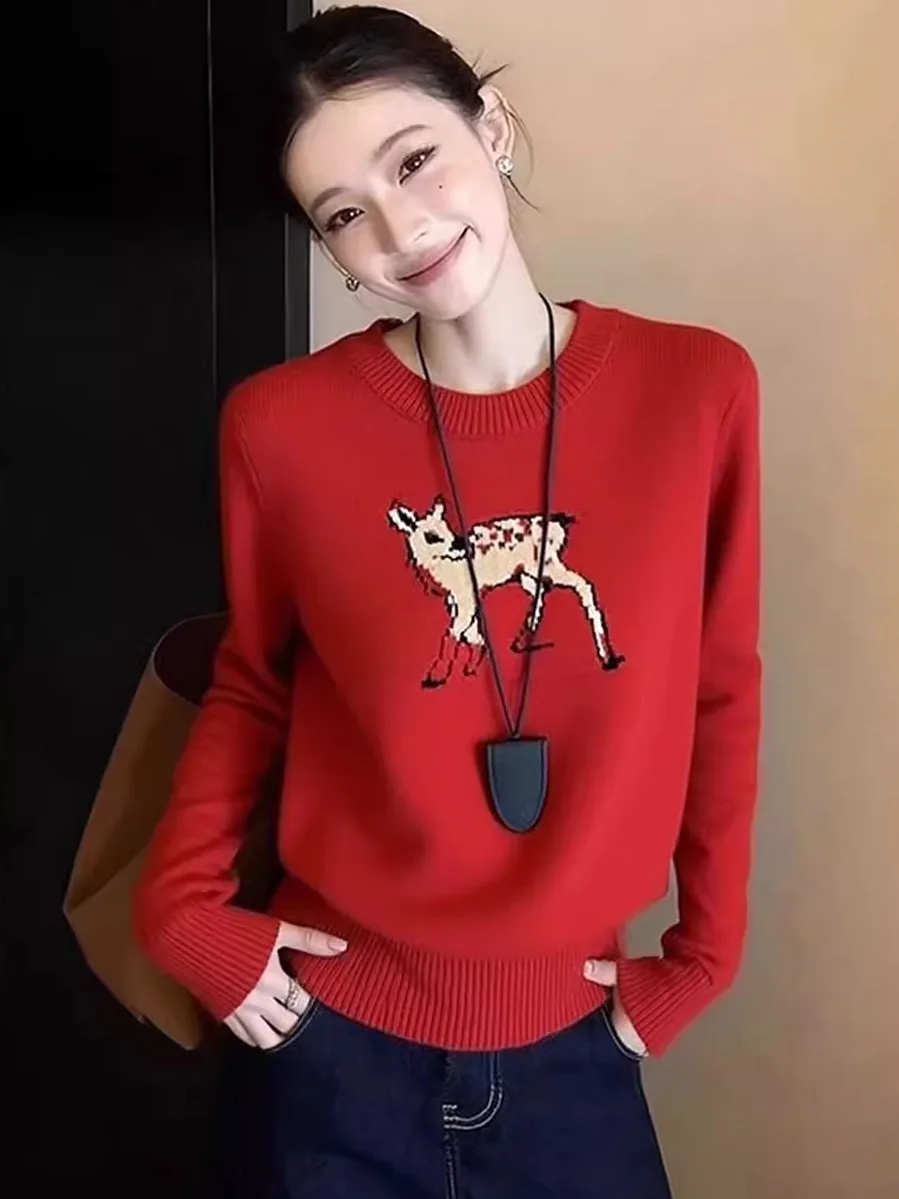 

Red Embroidered Deer Knitted Sweater Women's Casual Loose Fit Long Sleeve Overhead Winter Fashionable New Year Celebration Top