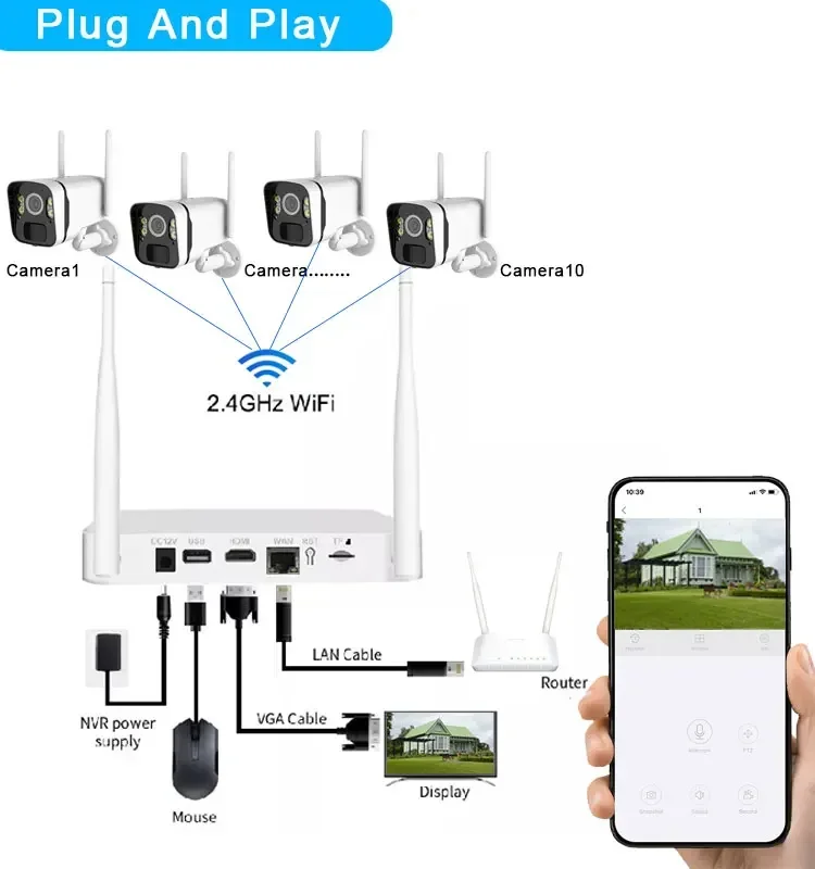 Kit de cámara inalámbrica alimentada por energía Solar, WiFi, NVR, 10 canales, 5MP, 4MP, acceso remoto, batería integrada, bajo consumo de energía, red CCTV