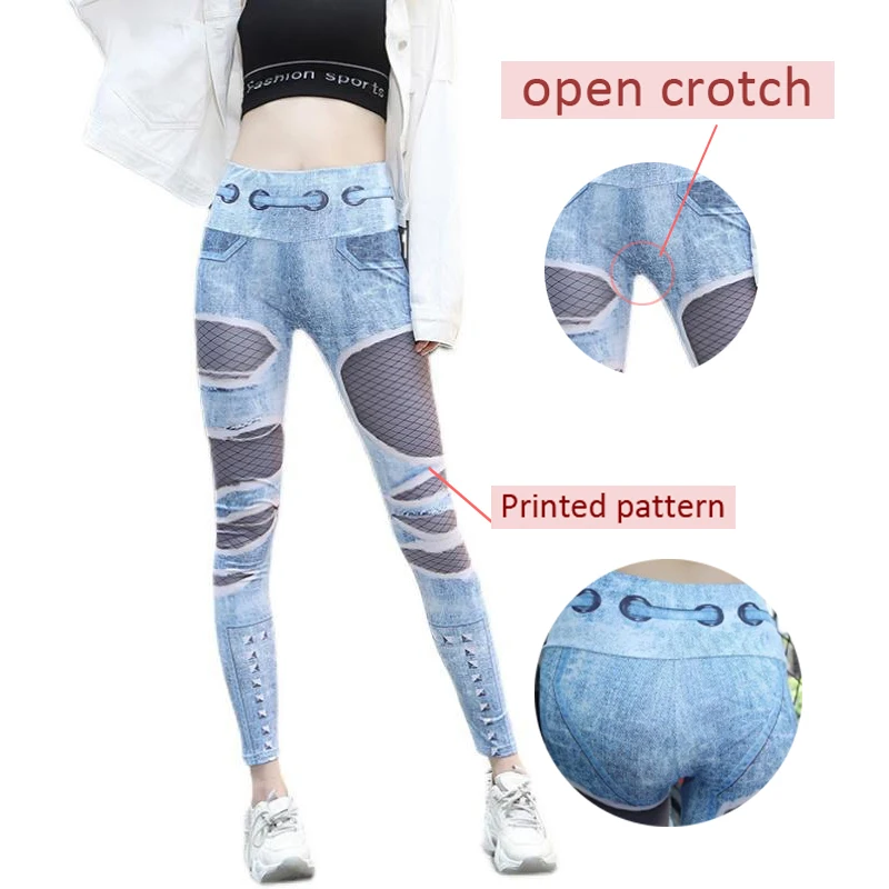 Woman Sexy Crotchless Leggings Split Open Crotch Pants Elastic Fake Denim Fitness Panties Zippers High Waist Printed  Hollow Out