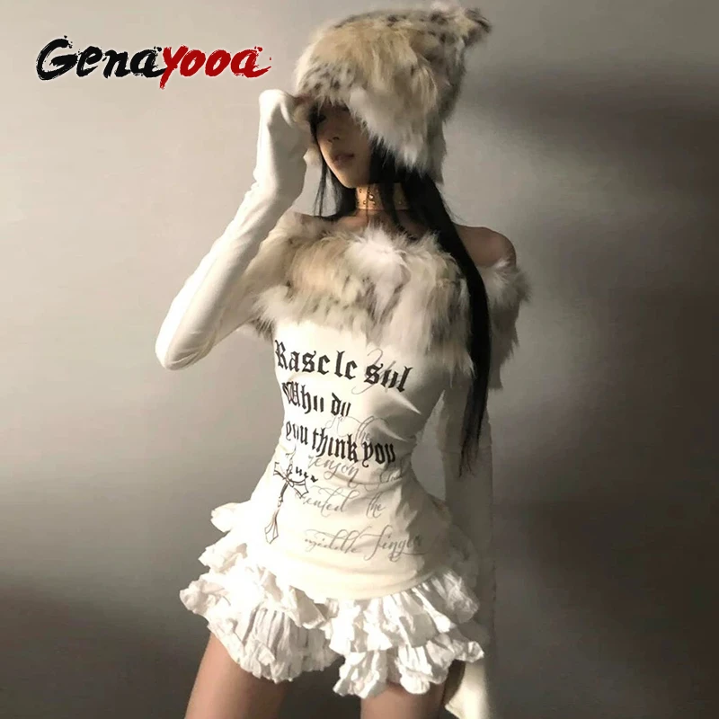 Genayooa Vintage Y2k T Shirt Women Off Shoulder Janapese 2000s Fur Collar Tops Fairycore Print Graphic Tops Aesthetic Grunge Top