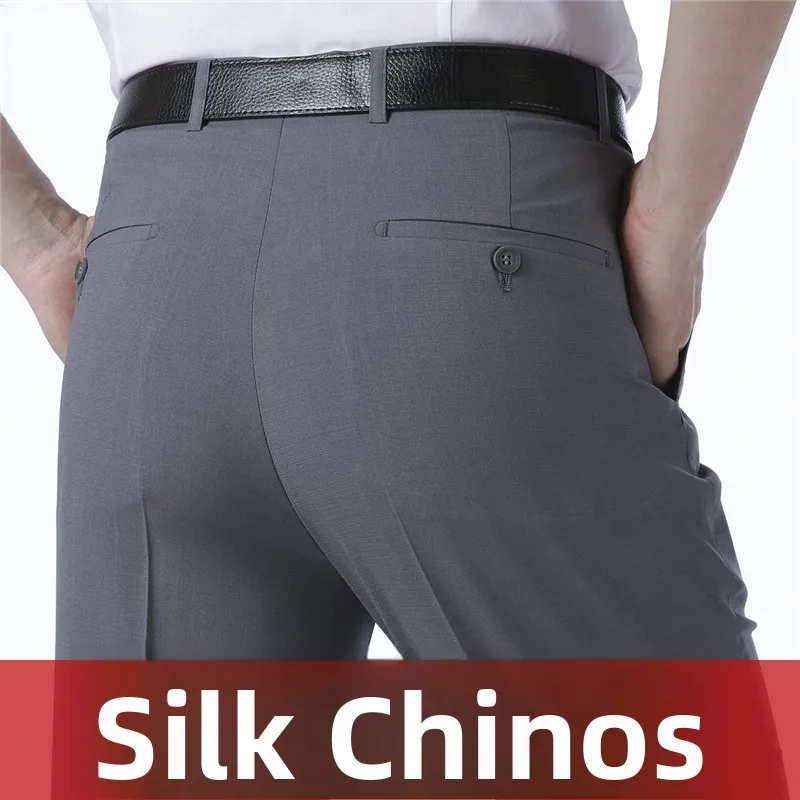 

Summer Thin Silk Linen Busin Casual Mid-aged Men's West Pants High Waist Trousers No Ironing Required Busin Suit Pants