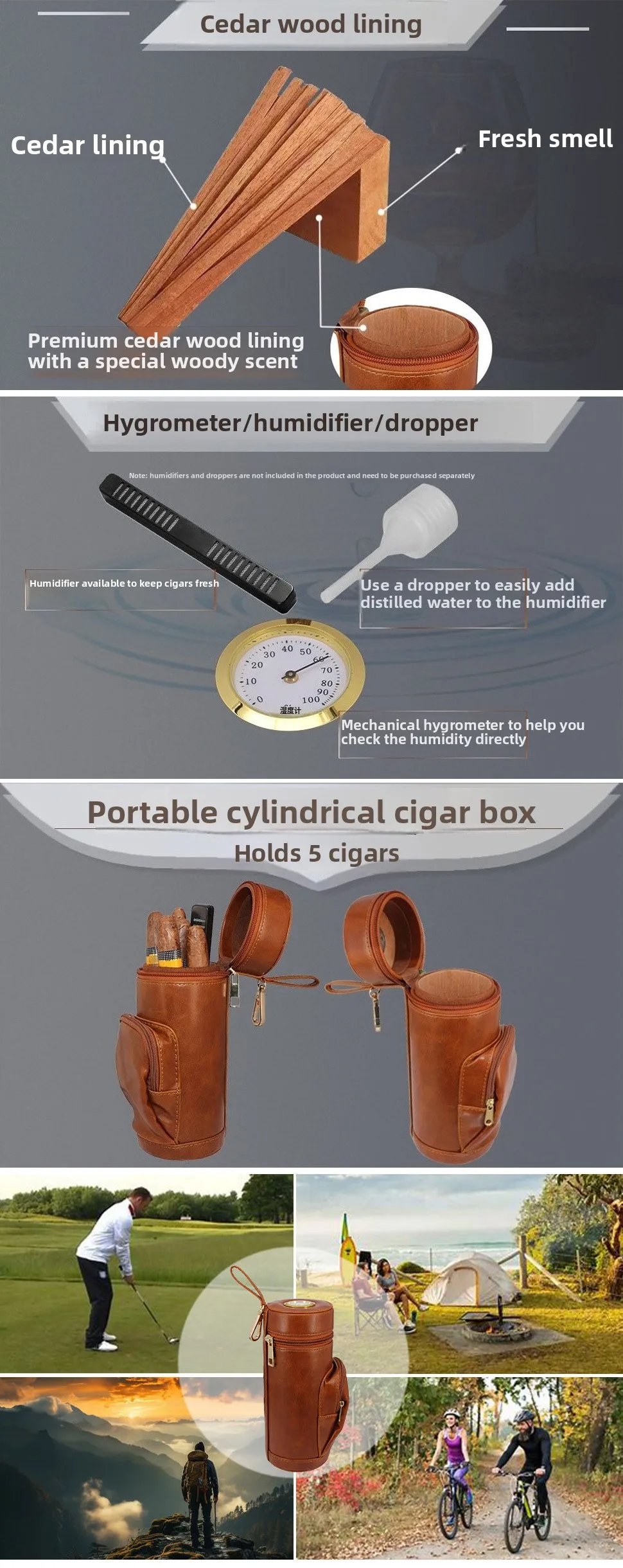 Ultra-convenient humidor, cedar wood lining, pack of 5 cigars, mechanical thermometer, cowhide, stone durable and non-fading view 5