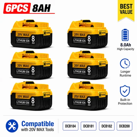 8.0Ah 20V Lithium Ion Replacement Battery Works with Dewalt DCB200 DCB205 DCB206 DCB204 DCB230 20V Max Cordless Tools
