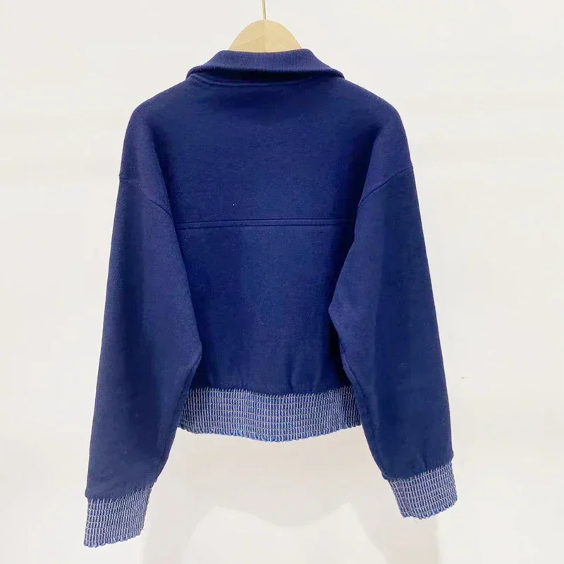 Women Denim Splice Zipper Knit Cardigan Pocket Patch Turn-Down Collar Long Sleeve Female Fashion Short Sweater Coat