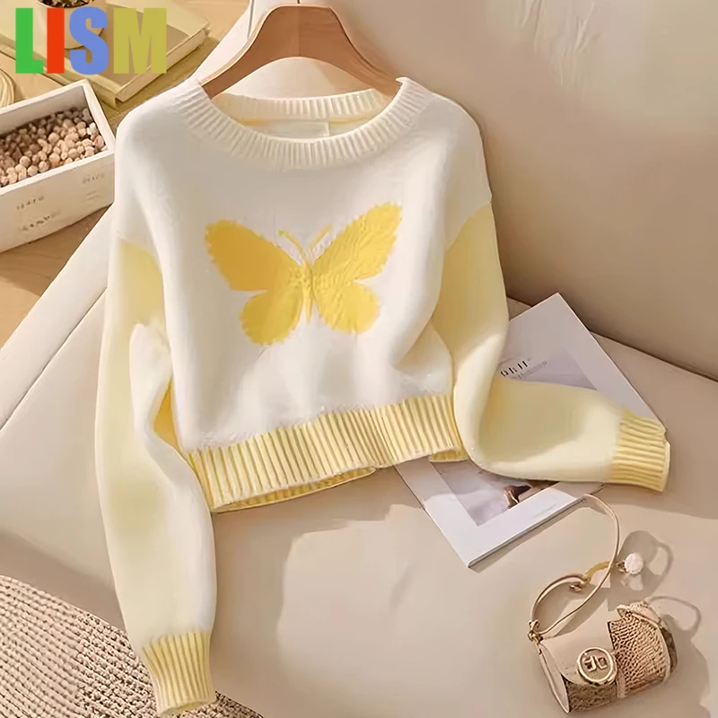 

LISM Chic Bufferfly Print y2k hoodies sweatshirt 2025 Sweet Knitted Top Fashion Long Sleeve Female Casual O Neck Pullover